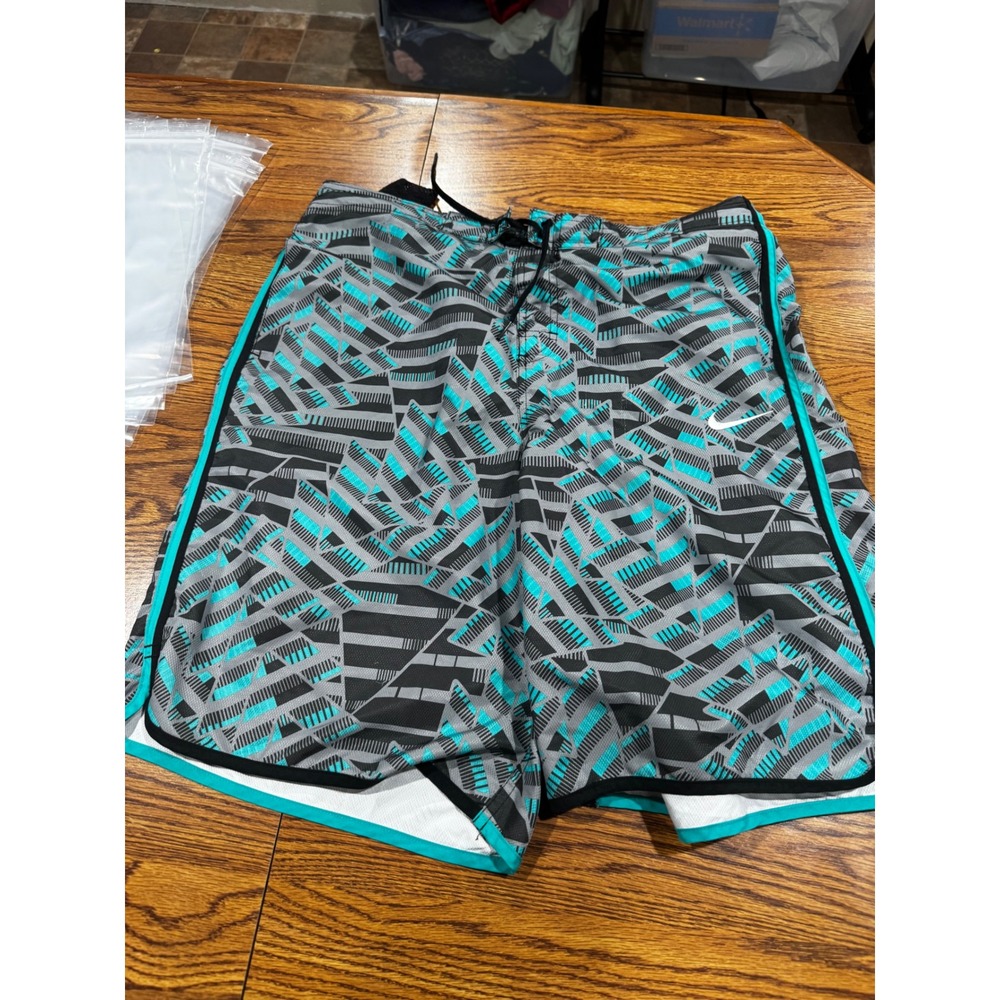 Nike Mens Geometric Abstract Print Swim Trunks Teal Grey Black Large Board Short